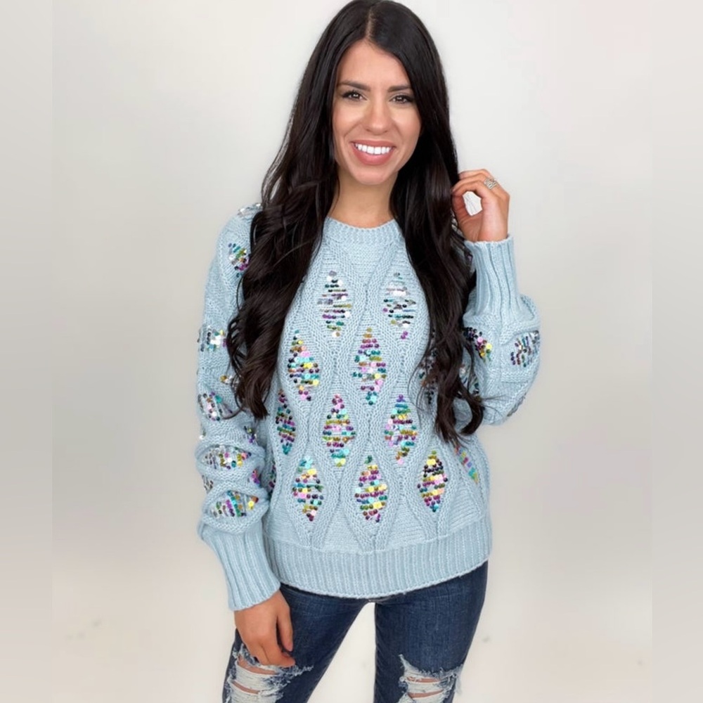 BiBi Sequin Sweater - Beautiful Dusty Blue - Size S - NWT
